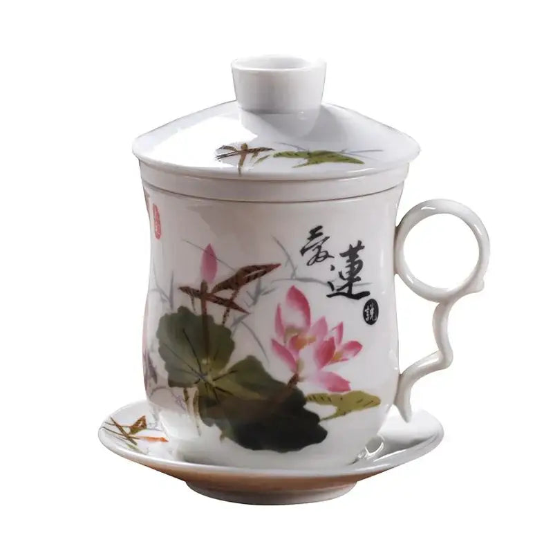 White porcelain tea cup with lid and saucer featuring hand painted pink lotus flowers and black calligraphy for dining use