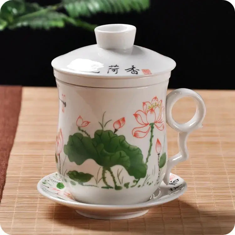 Hand painted lotus white porcelain tea cup with lid filter featuring red lotus and chinese characters for dining room use