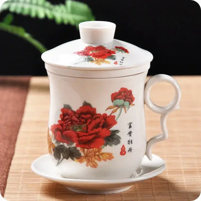 Hand painted lotus white porcelain tea cup with filter featuring red peony flowers for dining room use