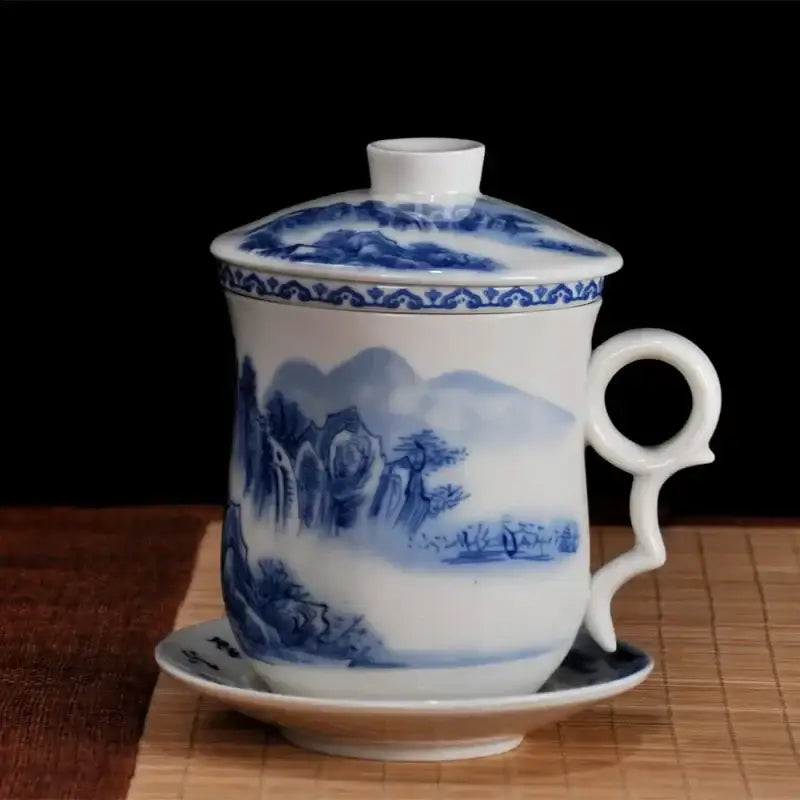 Hand painted lotus white porcelain tea cup with filter and traditional blue landscape design for dining room use
