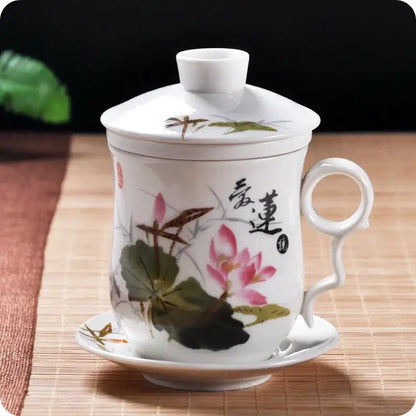 Hand painted lotus white porcelain tea cup with filter featuring delicate pink flowers and green leaves for dining room use