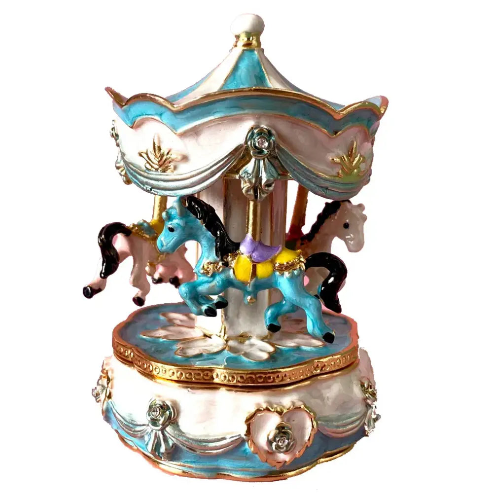 Hand painted delicate porcelain pastel blue and pink carousel horse trinket box with gold accents for bedroom decor