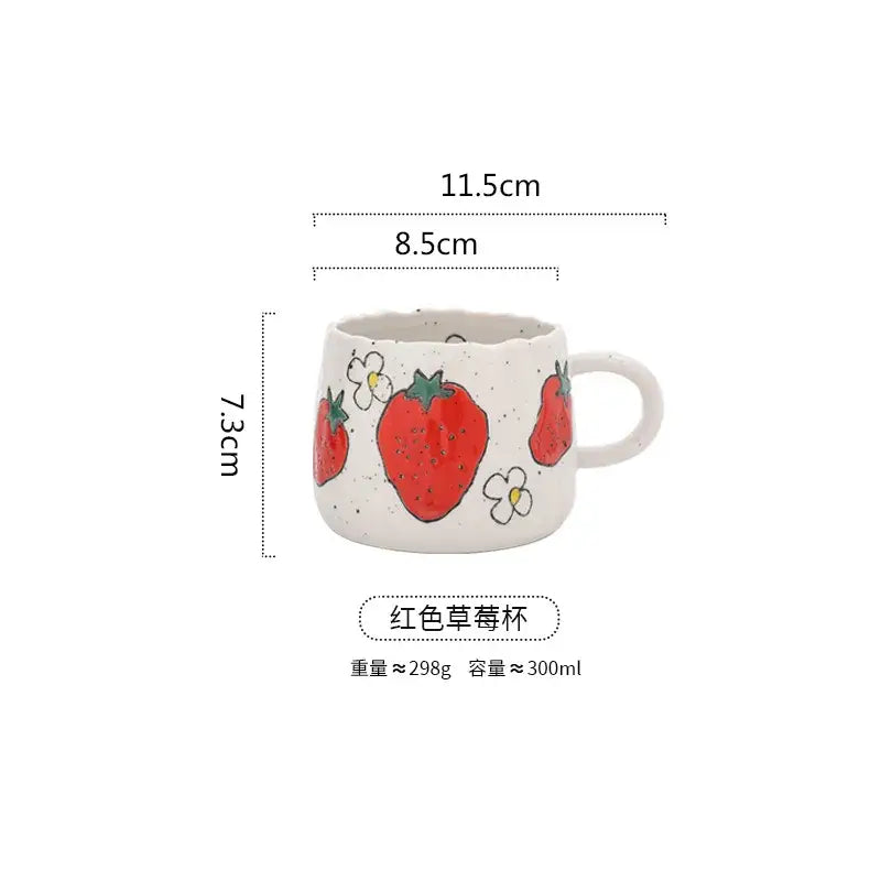 White ceramic hand-painted cartoon fruit ceramic mug with red strawberries and speckled texture for kitchen tea use
