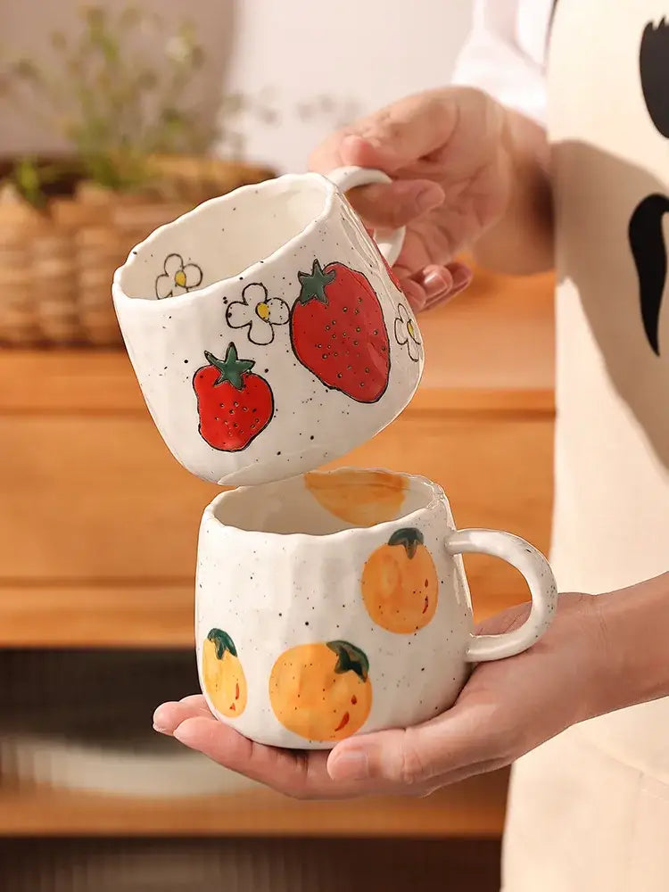 Hand-painted strawberry cartoon fruit ceramic mug with white flowers and speckled glaze for kitchen tea use decorbites cartoon fruit