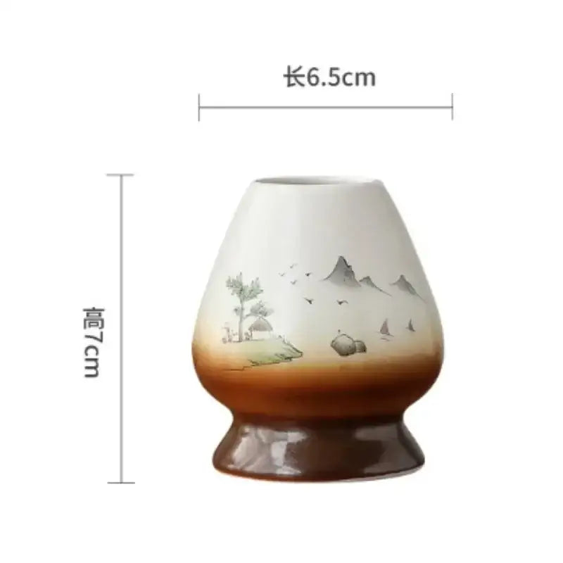Hand painted white and brown ceramic whisk holder stand with mountain landscape for matcha whisk storage