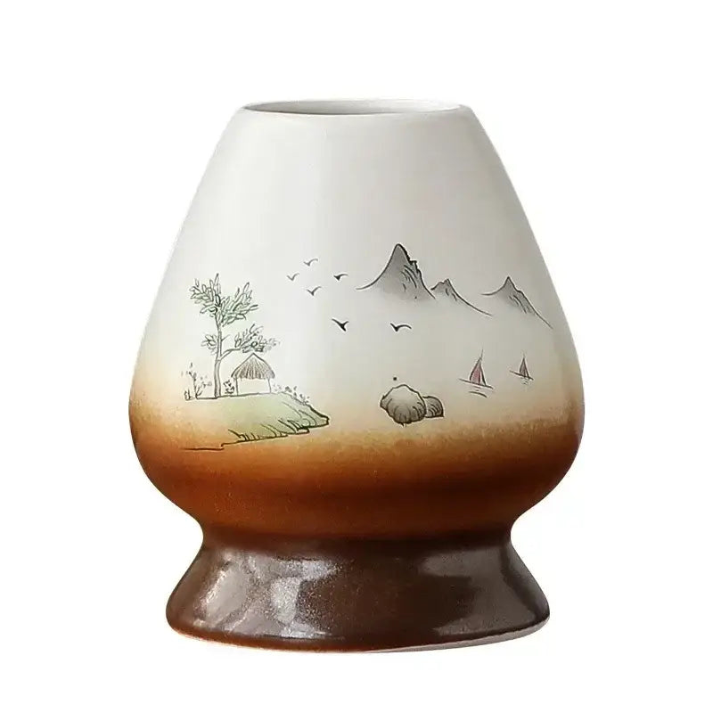 Hand painted white and brown ceramic whisk holder stand with landscape scenes for matcha whisk storage