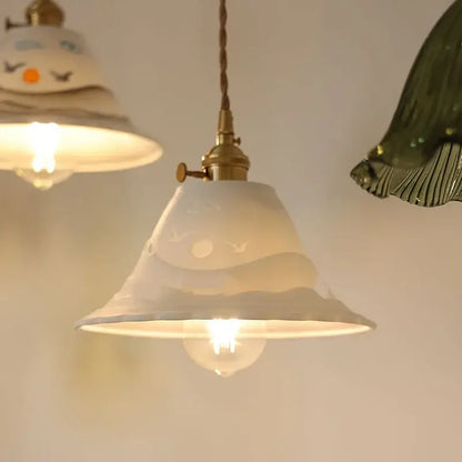 Hand painted white ceramic copper pendant light with frosted bell shade and etched bird and moon designs decorbites ceramic copper pendant