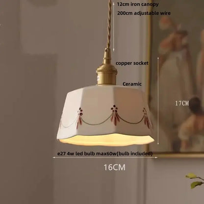Hand painted cream ceramic copper pendant light with delicate brown floral embroidery for kitchen decorbites ceramic copper pendant