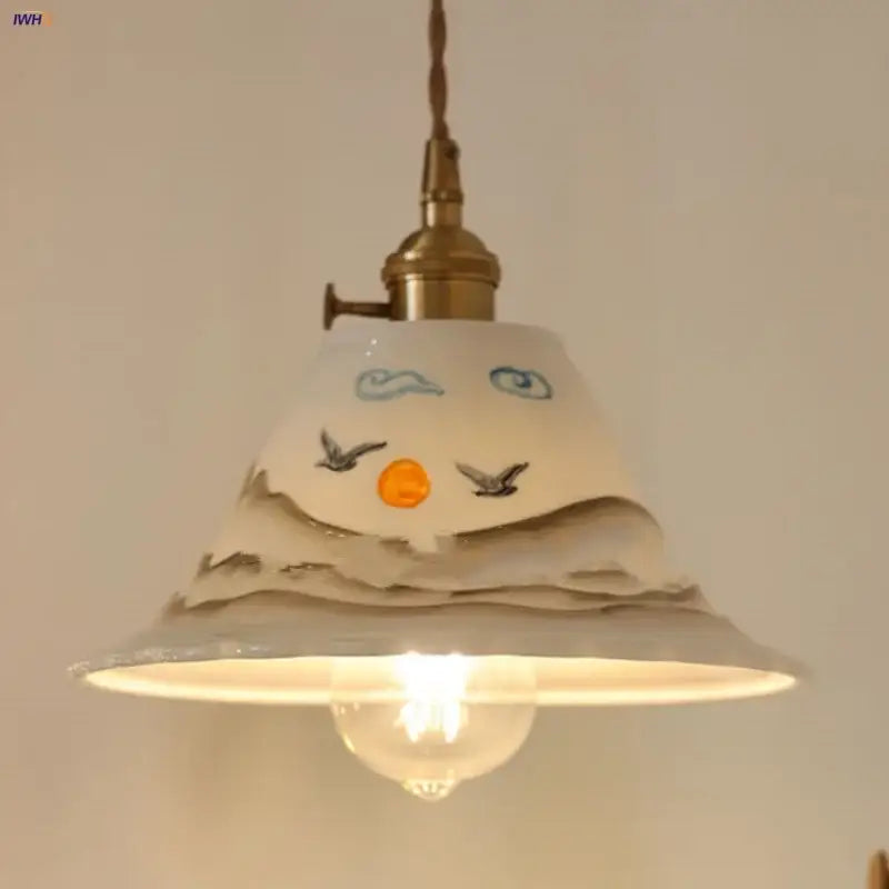 Hand painted white ceramic copper pendant light with blue clouds black birds and orange detail for kitchen decorbites ceramic copper pendant