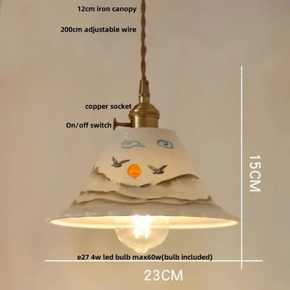A hand painted white ceramic copper pendant light with bird and cloud motifs decorbites ceramic copper fixture