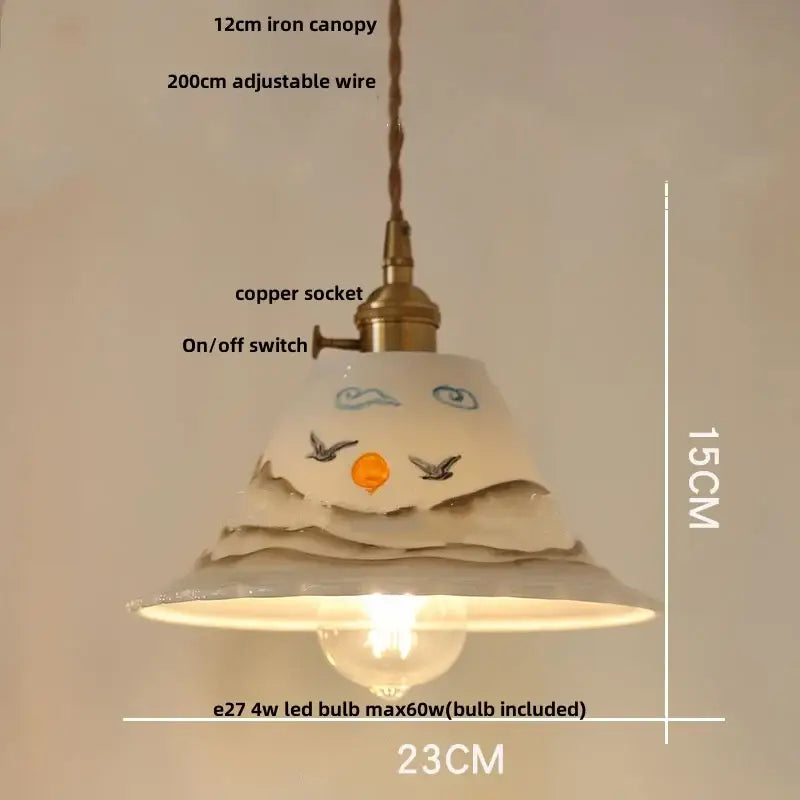 A hand painted white ceramic copper pendant light with bird and cloud motifs decorbites ceramic copper fixture