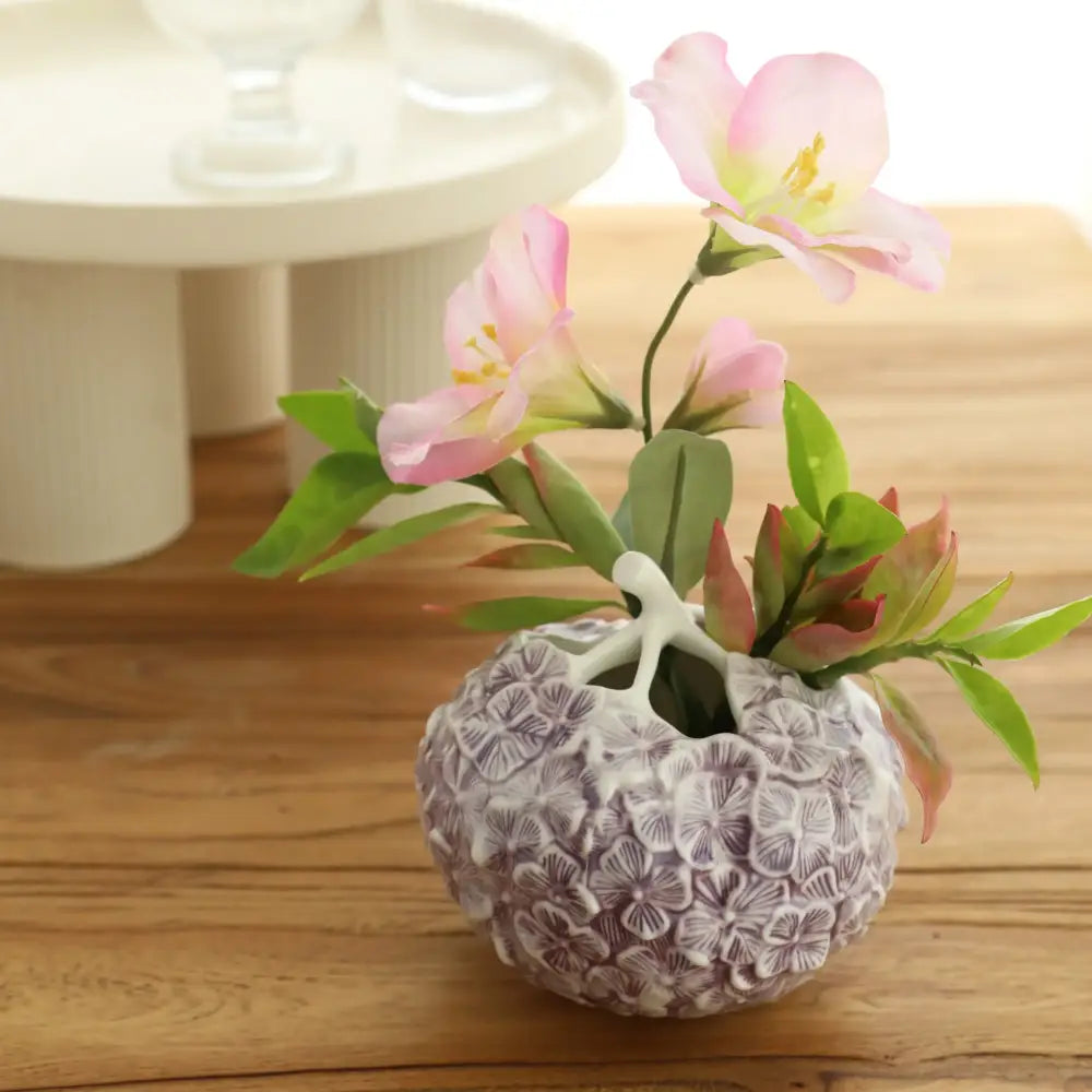 Hand-relief hydrangea ceramic vase grayish-white with floral pattern and white figurine handle holding pink flowers decorbites hydrangea ceramic