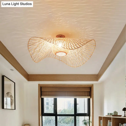 DecorBites™ DecorBites™ Hand-Worked Bamboo Semi-Flush Mount Light - Japanese Style 2-Bulb Close to Ceiling Lighting in Beige