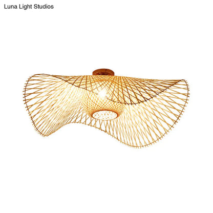 DecorBites™ DecorBites™ Hand-Worked Bamboo Semi-Flush Mount Light - Japanese Style 2-Bulb Close to Ceiling Lighting in Beige