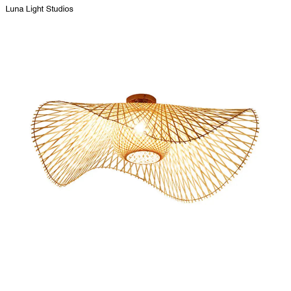 DecorBites™ DecorBites™ Hand-Worked Bamboo Semi-Flush Mount Light - Japanese Style 2-Bulb Close to Ceiling Lighting in Beige