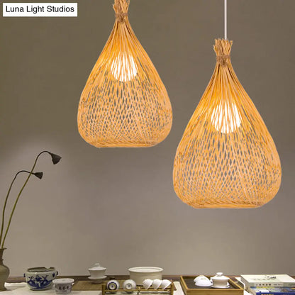 Hand-Woven Bamboo Pendant Light - Beige Teardrop Shade, Japanese Single Light - Perfect for Restaurants!