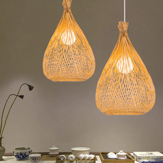 Hand-Woven Bamboo Pendant Light - Beige Teardrop Shade, Japanese Single Light - Perfect for Restaurants!