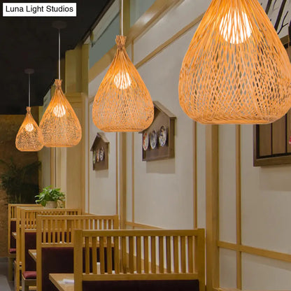 Hand-Woven Bamboo Pendant Light - Beige Teardrop Shade, Japanese Single Light - Perfect for Restaurants!