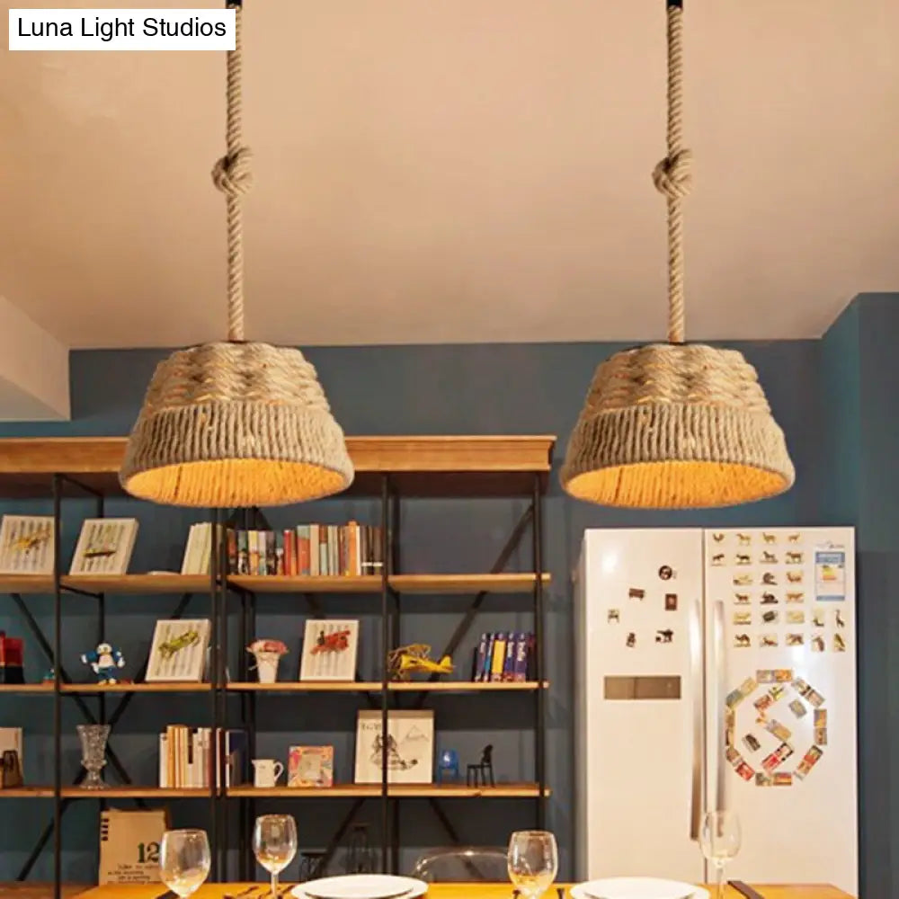 Hand Woven Industrial Tapered Hanging Light Kit - Unique 1 Head Rope Pendant Lamp for Restaurants