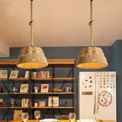 Hand Woven Industrial Tapered Hanging Light Kit - Unique 1 Head Rope Pendant Lamp for Restaurants