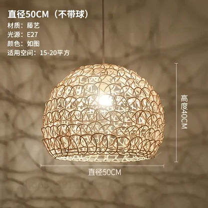 Hand woven rattan pendant light with spherical cage design in warm golden brown for modern living room chandelier