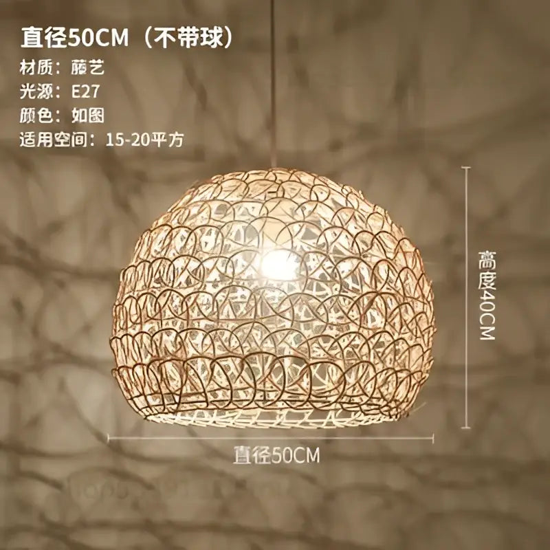 Hand woven rattan pendant light with spherical cage design in warm golden brown for modern living room chandelier