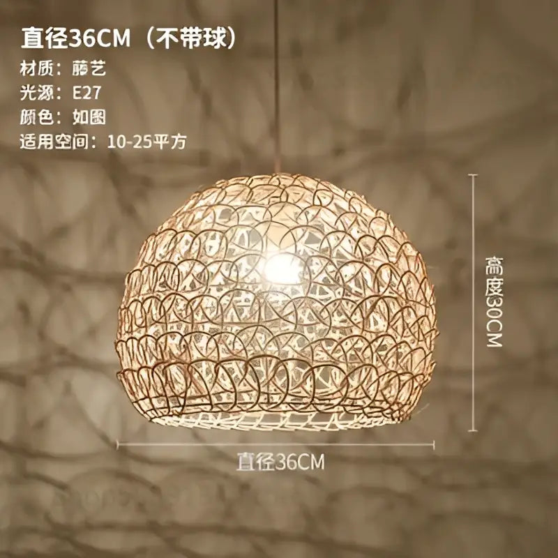Hand woven rattan pendant light with natural beige hue and intricate circular patterns for modern living rooms
