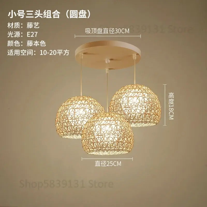 Hand woven rattan pendant light with natural-toned woven rattan and three spherical shades for modern living rooms