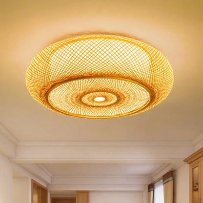 Lámpara de techo empotrada DecorBites™ de bambú hecha a mano - Lámpara de 3 luces con pantalla redonda beige, 16"/19.5" de ancho