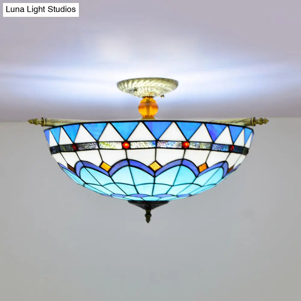 Handcrafted Baroque Dome Semi Flush Mount Ceiling Lamp with 5 Stained Glass Bulbs in White/Blue – 21.5"/25.5" W