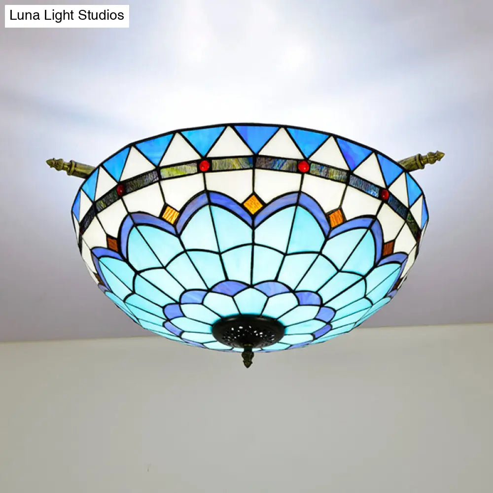 Handcrafted Baroque Dome Semi Flush Mount Ceiling Lamp with 5 Stained Glass Bulbs in White/Blue – 21.5"/25.5" W