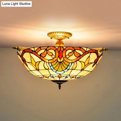 Handcrafted Baroque Dome Semi Flush Mount Ceiling Lamp with 5 Stained Glass Bulbs in White/Blue – 21.5"/25.5" W