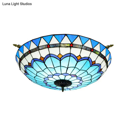 Handcrafted Baroque Dome Semi Flush Mount Ceiling Lamp with 5 Stained Glass Bulbs in White/Blue – 21.5"/25.5" W