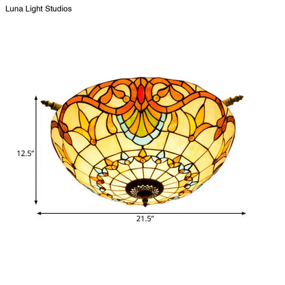 Handcrafted Baroque Dome Semi Flush Mount Ceiling Lamp with 5 Stained Glass Bulbs in White/Blue – 21.5"/25.5" W