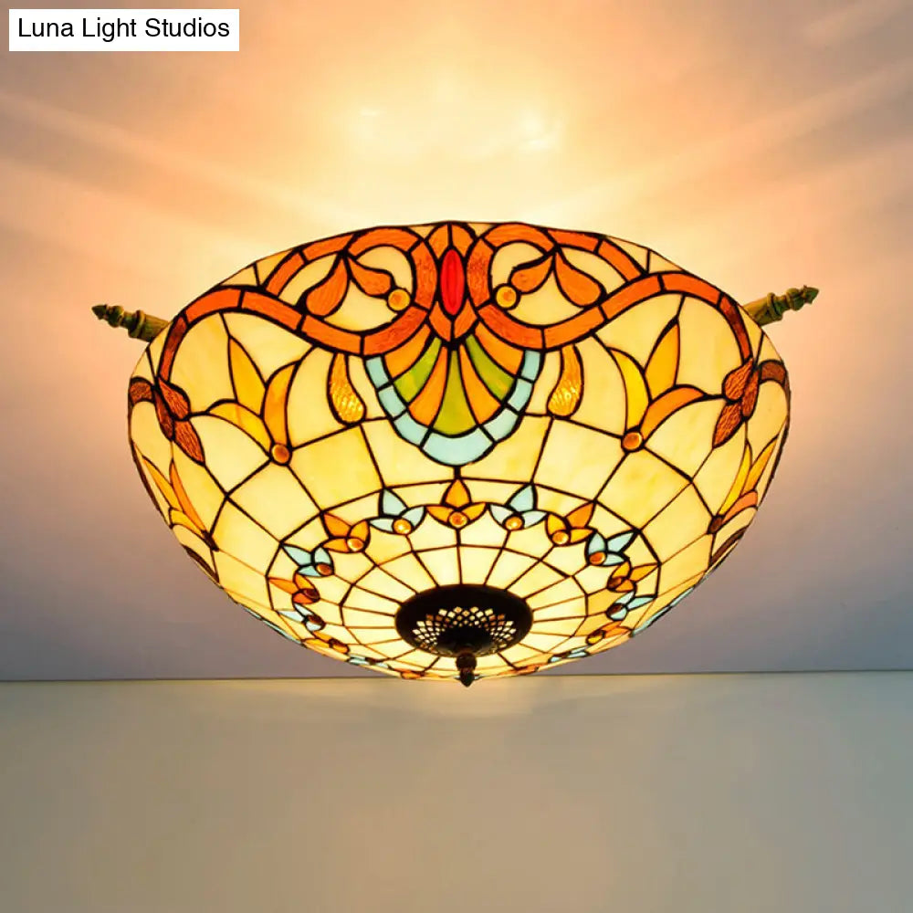 Handcrafted Baroque Dome Semi Flush Mount Ceiling Lamp with 5 Stained Glass Bulbs in White/Blue – 21.5"/25.5" W