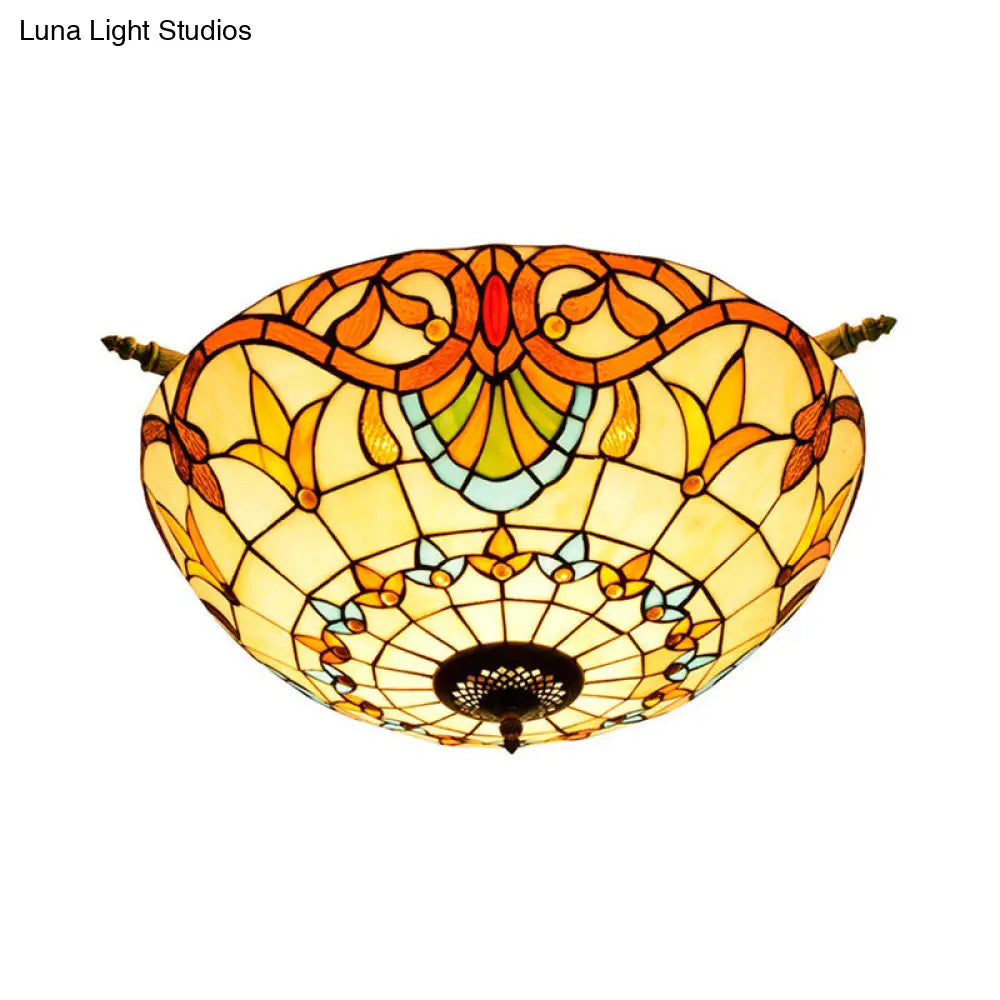 Handcrafted Baroque Dome Semi Flush Mount Ceiling Lamp with 5 Stained Glass Bulbs in White/Blue – 21.5"/25.5" W