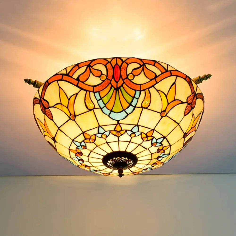 Handcrafted Baroque Dome Semi Flush Mount Ceiling Lamp with 5 Stained Glass Bulbs in White/Blue – 21.5"/25.5" W