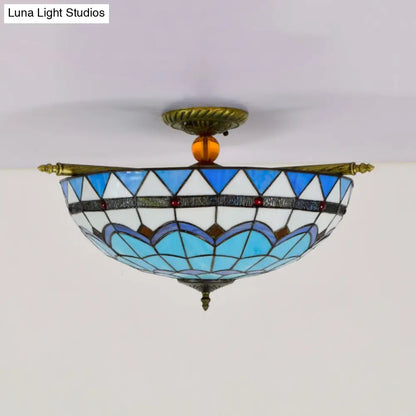 Handcrafted Baroque Dome Semi Flush Mount Ceiling Lamp with 5 Stained Glass Bulbs in White/Blue – 21.5"/25.5" W