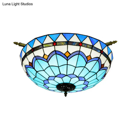 Handcrafted Baroque Dome Semi Flush Mount Ceiling Lamp with 5 Stained Glass Bulbs in White/Blue – 21.5"/25.5" W