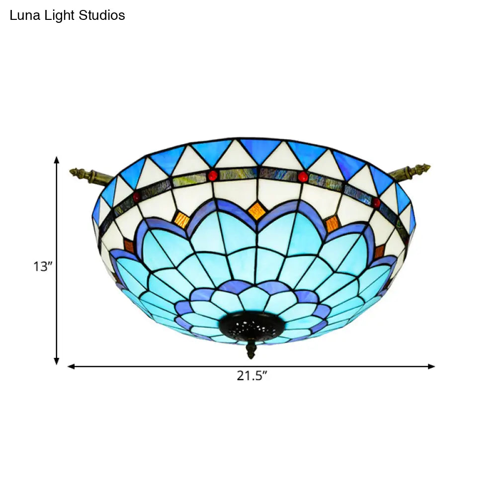 Handcrafted Baroque Dome Semi Flush Mount Ceiling Lamp with 5 Stained Glass Bulbs in White/Blue – 21.5"/25.5" W