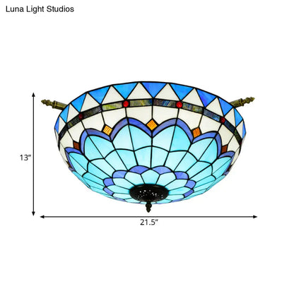 Handcrafted Baroque Dome Semi Flush Mount Ceiling Lamp with 5 Stained Glass Bulbs in White/Blue – 21.5"/25.5" W