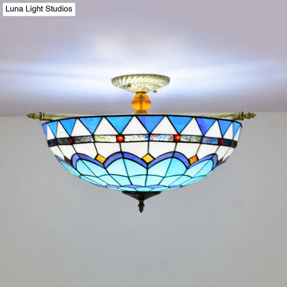 Handcrafted Baroque Dome Semi Flush Mount Ceiling Lamp with 5 Stained Glass Bulbs in White/Blue – 21.5"/25.5" W