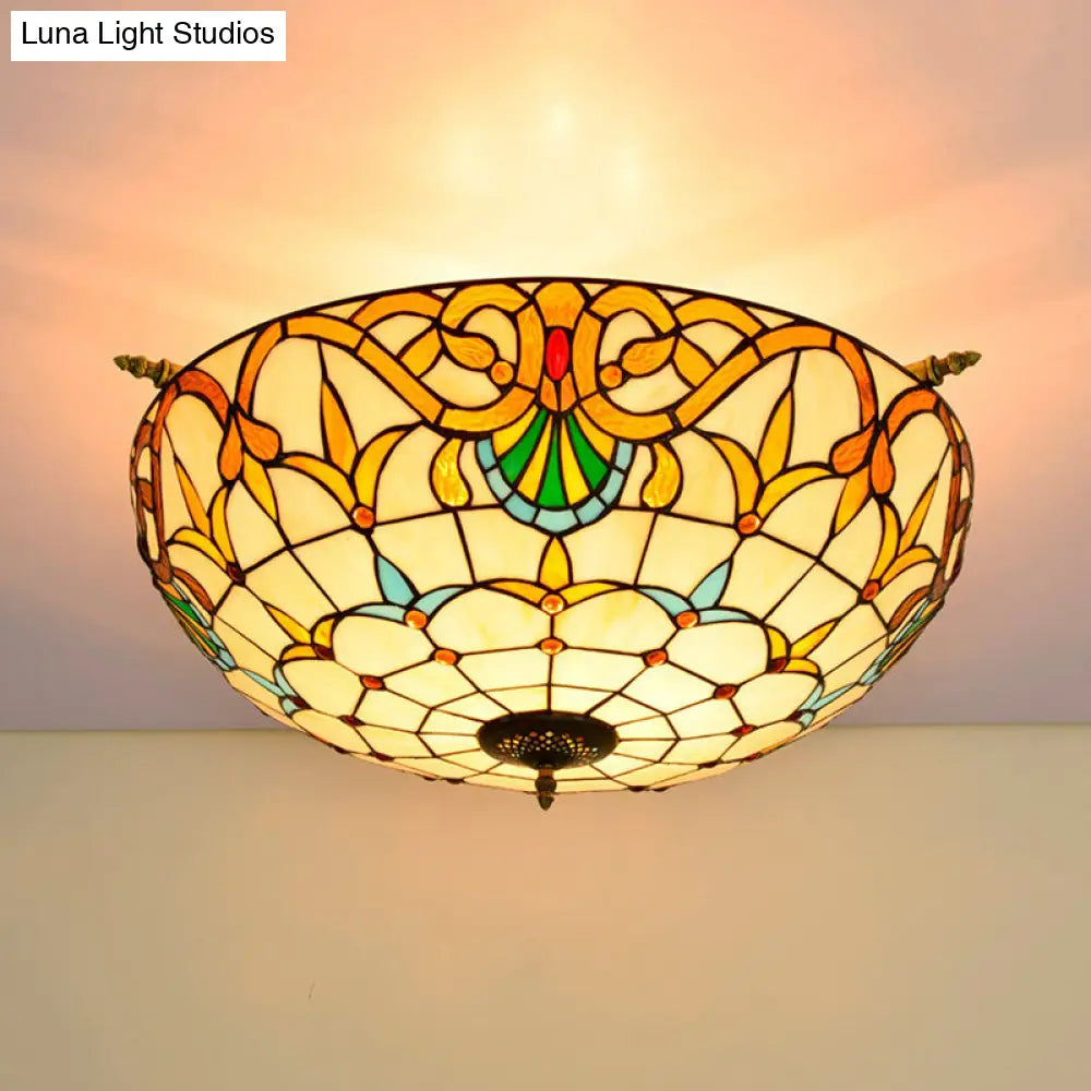 Handcrafted Baroque Dome Semi Flush Mount Ceiling Lamp with 5 Stained Glass Bulbs in White/Blue – 21.5"/25.5" W