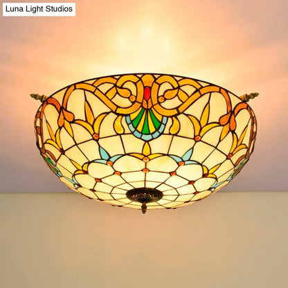 Handcrafted Baroque Dome Semi Flush Mount Ceiling Lamp with 5 Stained Glass Bulbs in White/Blue – 21.5"/25.5" W