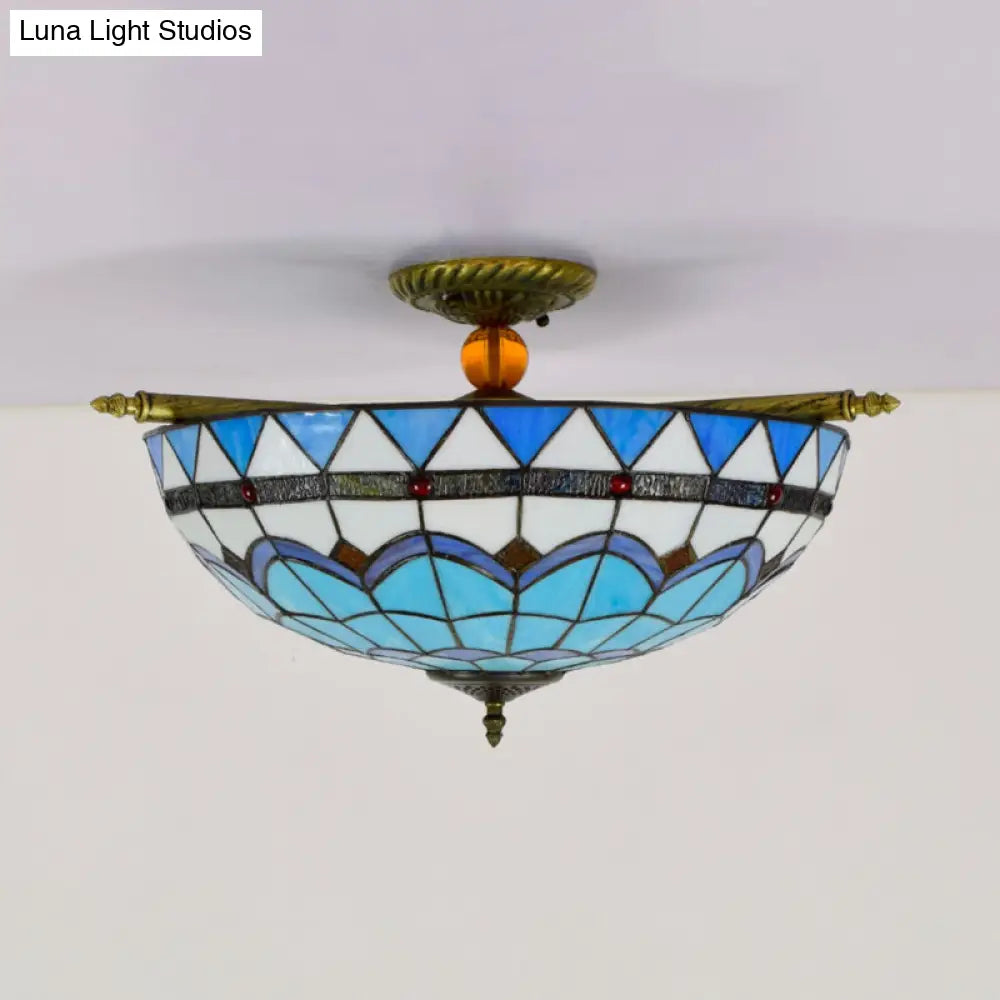 Handcrafted Baroque Dome Semi Flush Mount Ceiling Lamp with 5 Stained Glass Bulbs in White/Blue – 21.5"/25.5" W