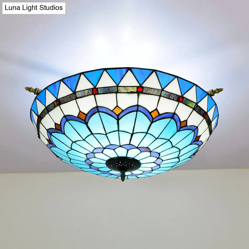 Handcrafted Baroque Dome Semi Flush Mount Ceiling Lamp with 5 Stained Glass Bulbs in White/Blue – 21.5"/25.5" W