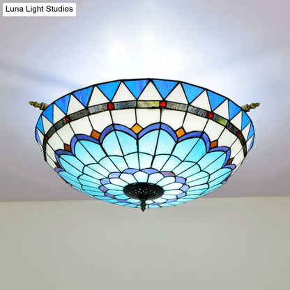 Handcrafted Baroque Dome Semi Flush Mount Ceiling Lamp with 5 Stained Glass Bulbs in White/Blue – 21.5"/25.5" W