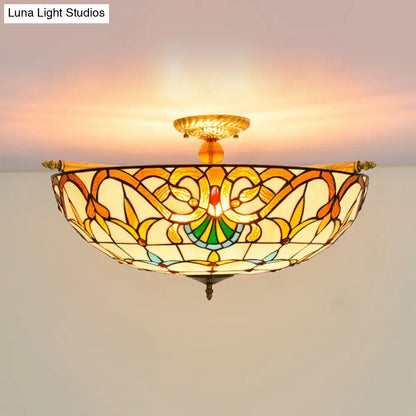 Handcrafted Baroque Dome Semi Flush Mount Ceiling Lamp with 5 Stained Glass Bulbs in White/Blue – 21.5"/25.5" W