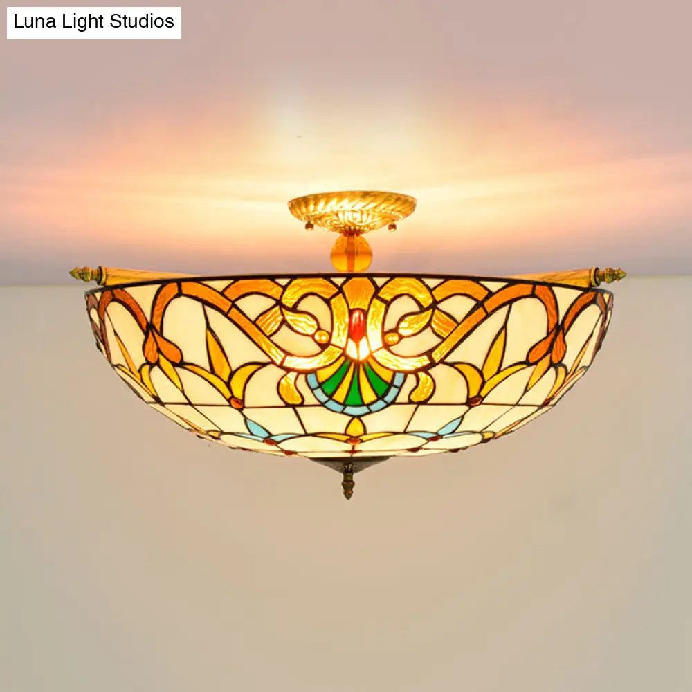 Handcrafted Baroque Dome Semi Flush Mount Ceiling Lamp with 5 Stained Glass Bulbs in White/Blue – 21.5"/25.5" W