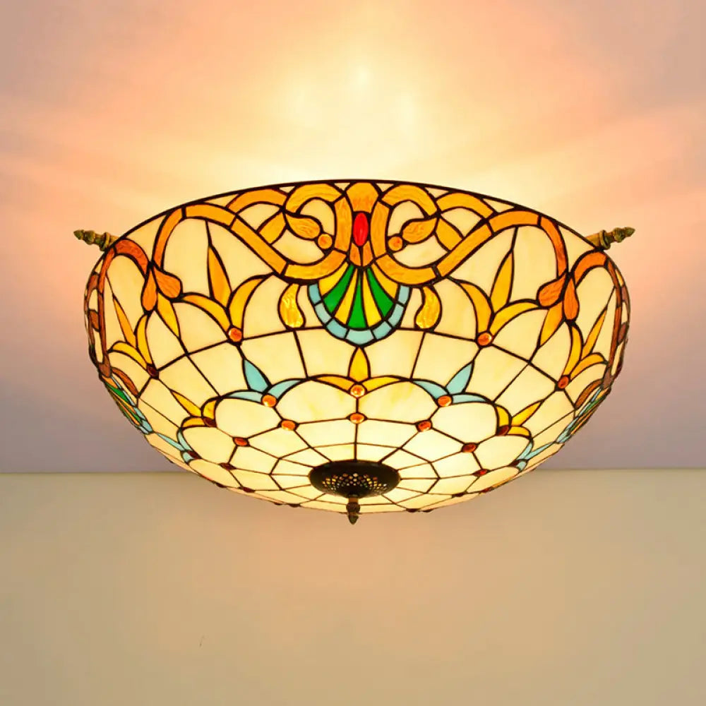 Handcrafted Baroque Dome Semi Flush Mount Ceiling Lamp with 5 Stained Glass Bulbs in White/Blue – 21.5"/25.5" W